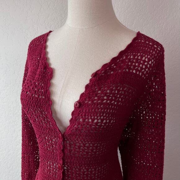 Vintage Y2K Crochet Button Up Cardigan Sweater size Large Burgundy Whimsygoth - Picture 11 of 11